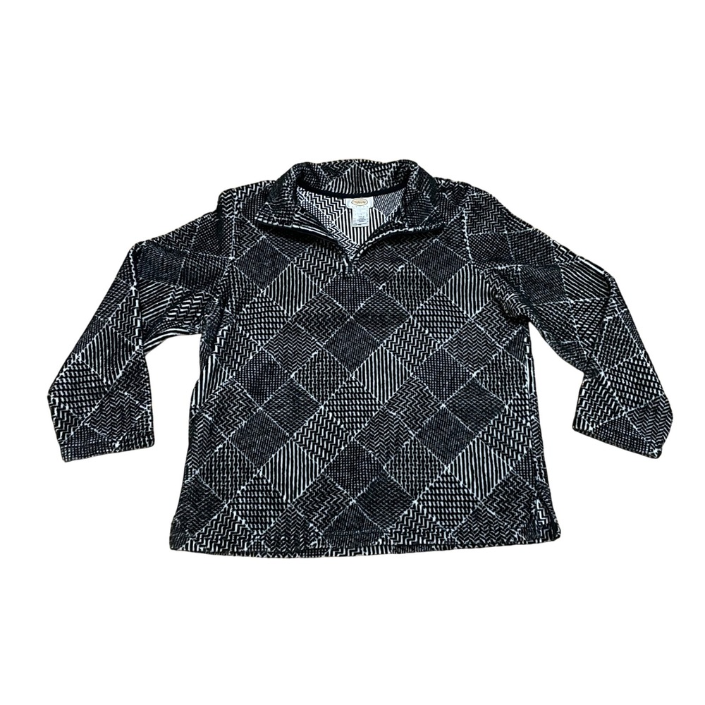Talbots Petites Women's Large Quarter Zip Fleece Pullover Black White Geometric